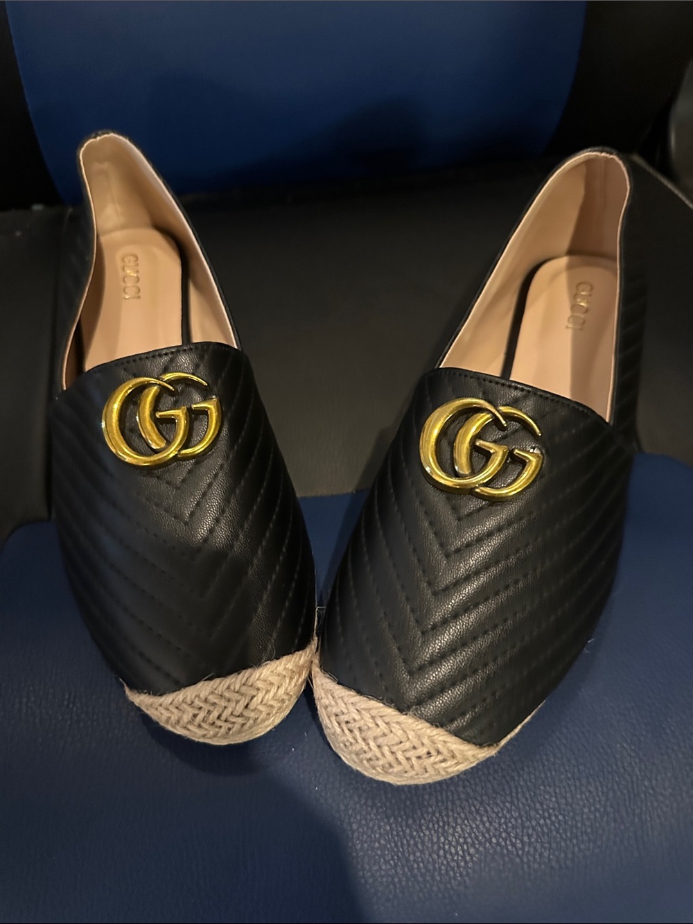 Black Leather Espadrille Flats with Gold Logo Accent marked 41 fit US size 9